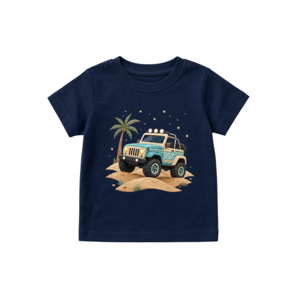 Navy newborn baby T-shirt with off-road jeep and desert print