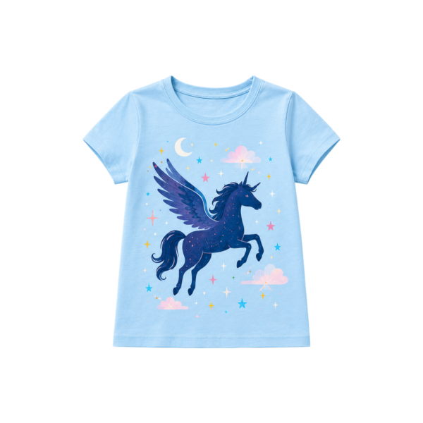 Sky-blue girls’ T-shirt with winged unicorn, moon and stars
