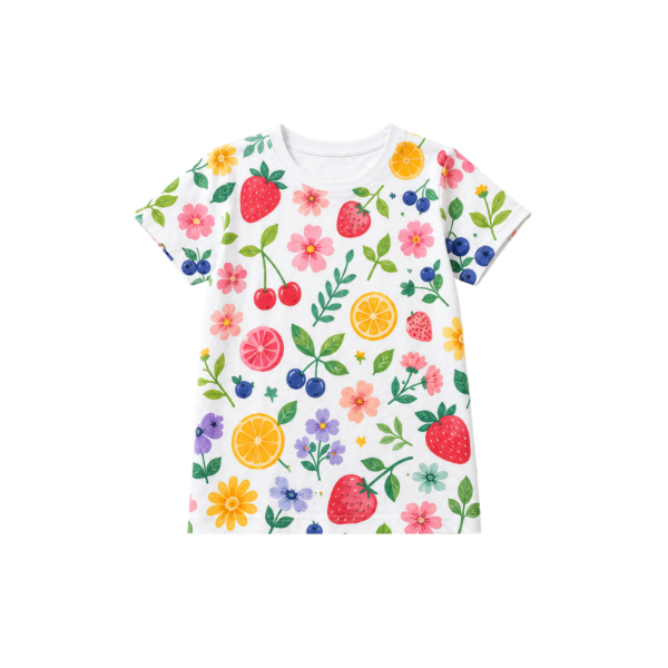 White girls’ T-shirt with colourful fruit, flowers and leaves
