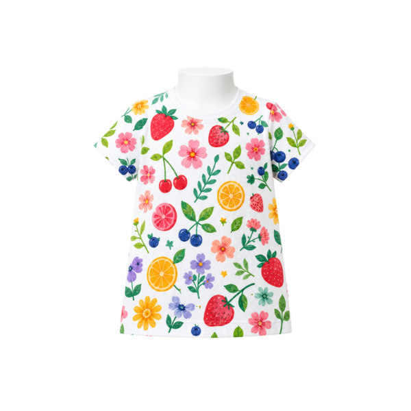 White girls’ T-shirt with colourful fruit, flowers and leaves