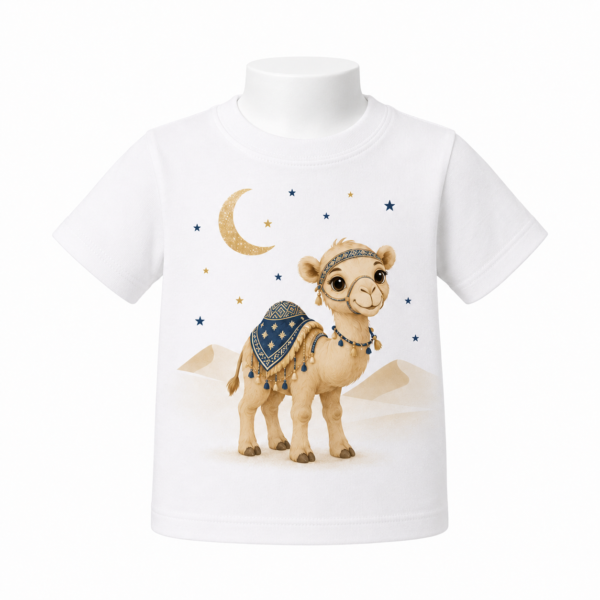 White baby T-shirt with camel, crescent moon and stars front view