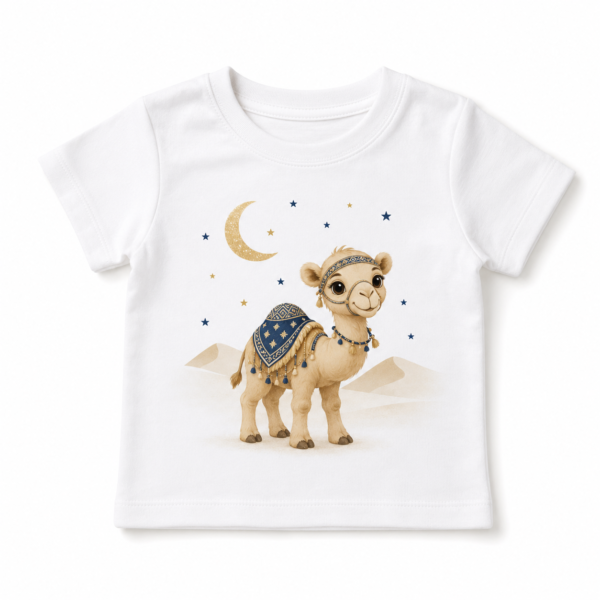 White baby T-shirt with camel, crescent moon and stars front view