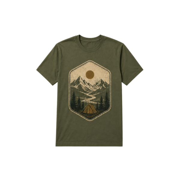 Mountain adventure camping olive T-shirt by Maxis Brand front view