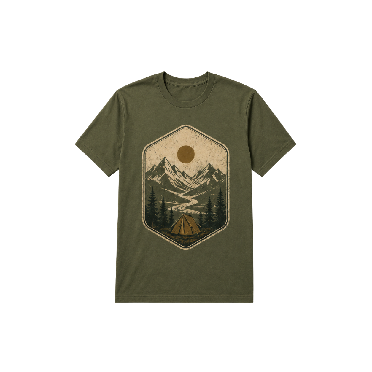 Mountain adventure camping olive T-shirt by Maxis Brand front view