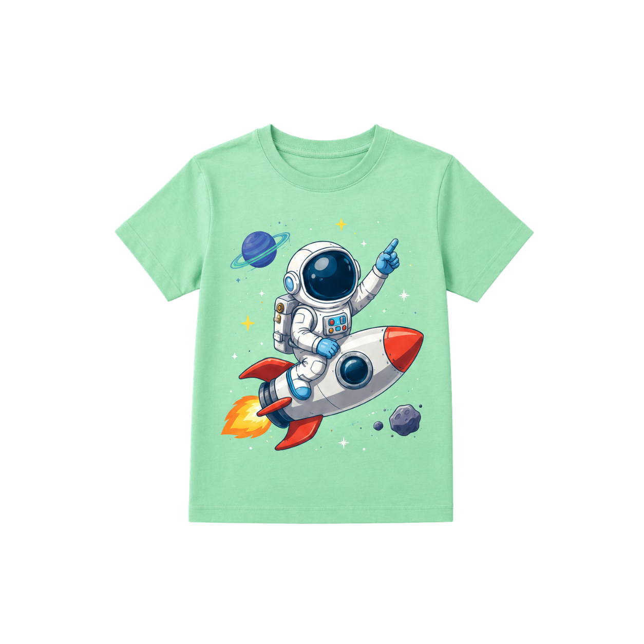 Astronaut Rocket Mission mint-green graphic T-shirt for boys front view