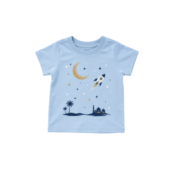 Sky-blue newborn baby T-shirt with rocket, crescent moon and mosque