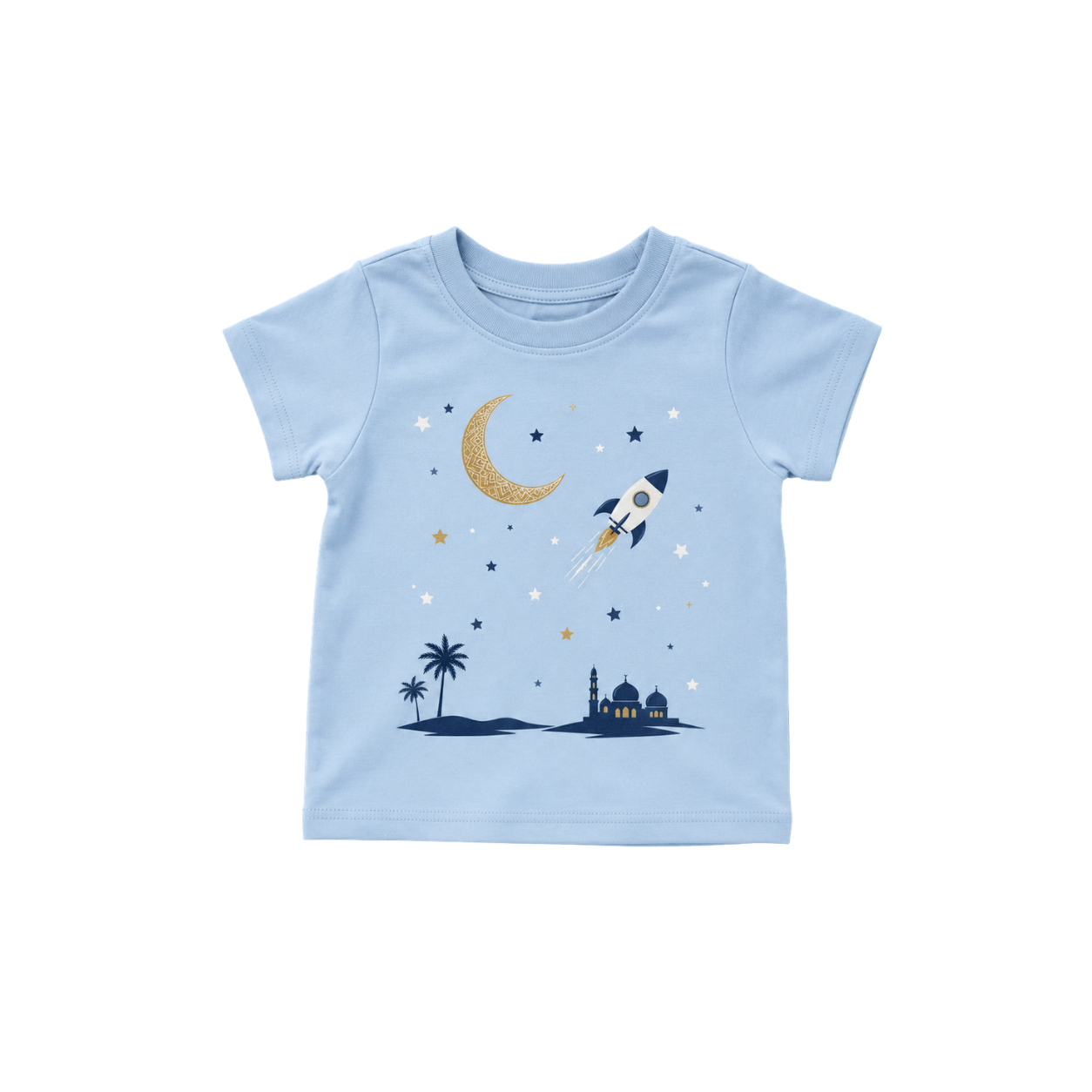 Sky-blue newborn baby T-shirt with rocket, crescent moon and mosque