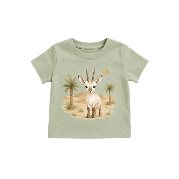 Sage-green newborn baby T-shirt with gazelle and desert print