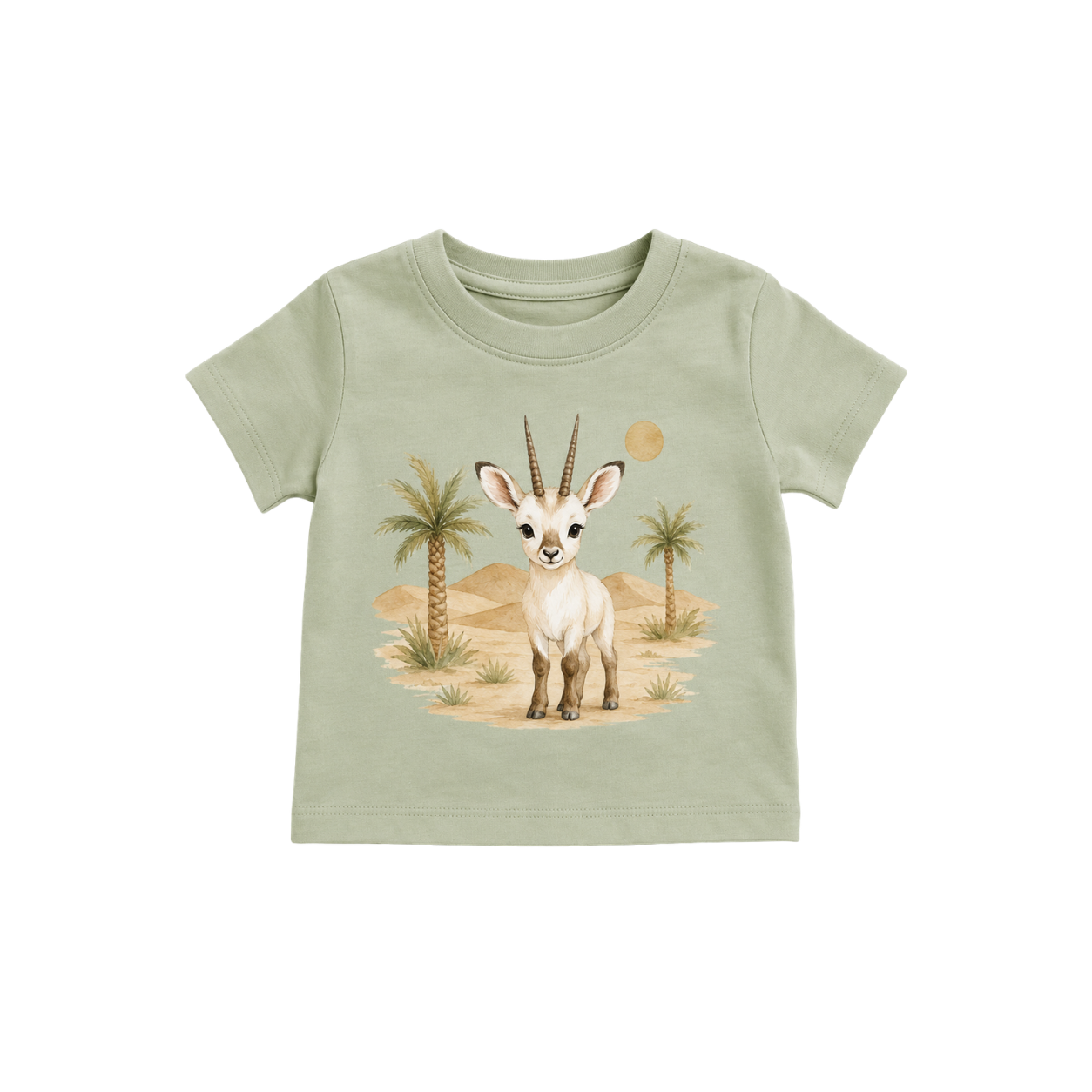 Sage-green newborn baby T-shirt with gazelle and desert print