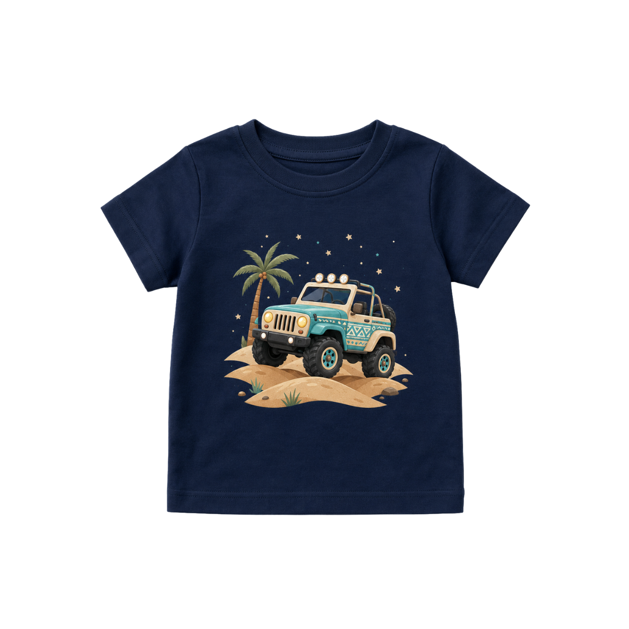 Navy newborn baby T-shirt with off-road jeep and desert print