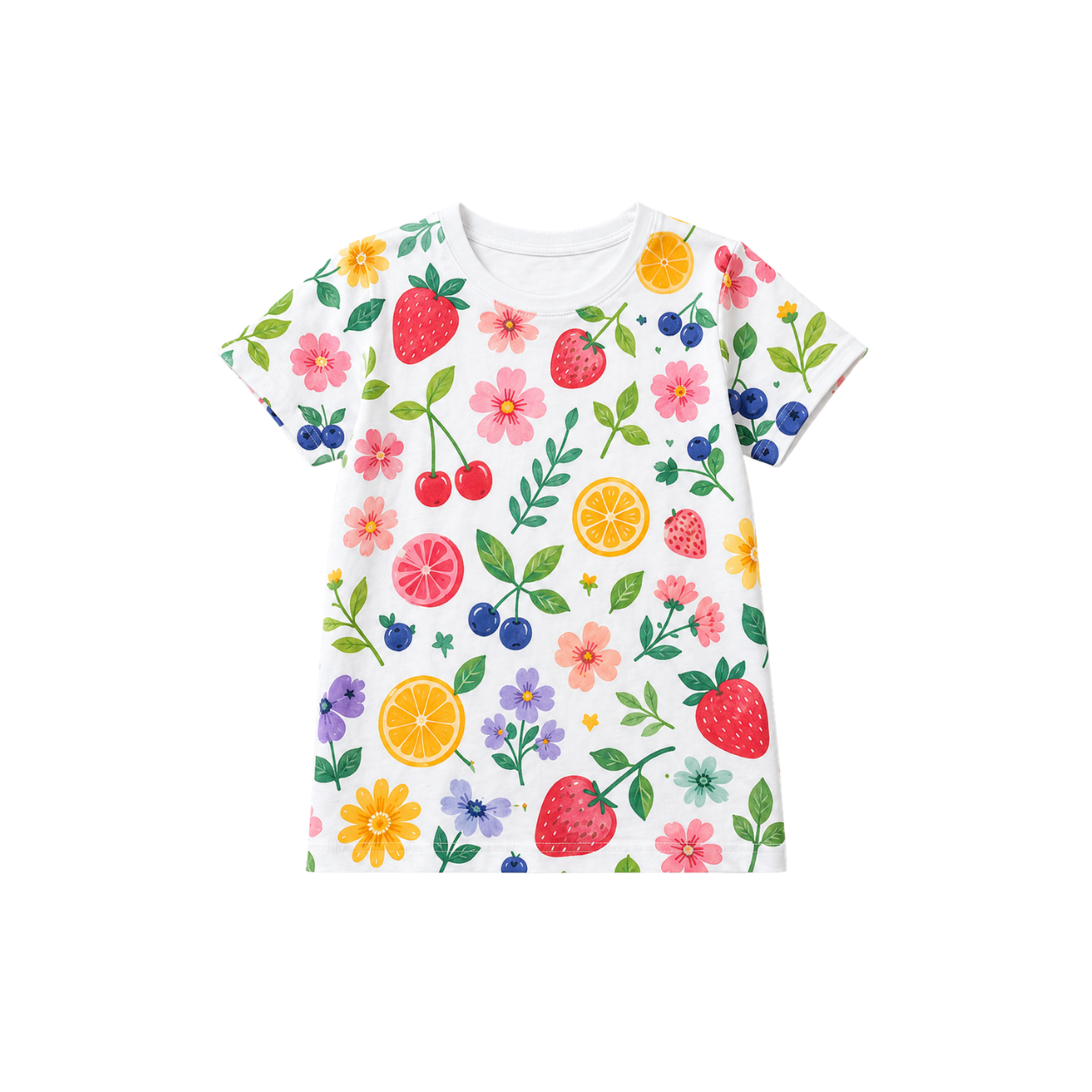 White girls’ T-shirt with colourful fruit, flowers and leaves