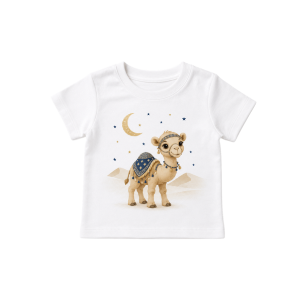 White baby T-shirt with camel, crescent moon and stars front view