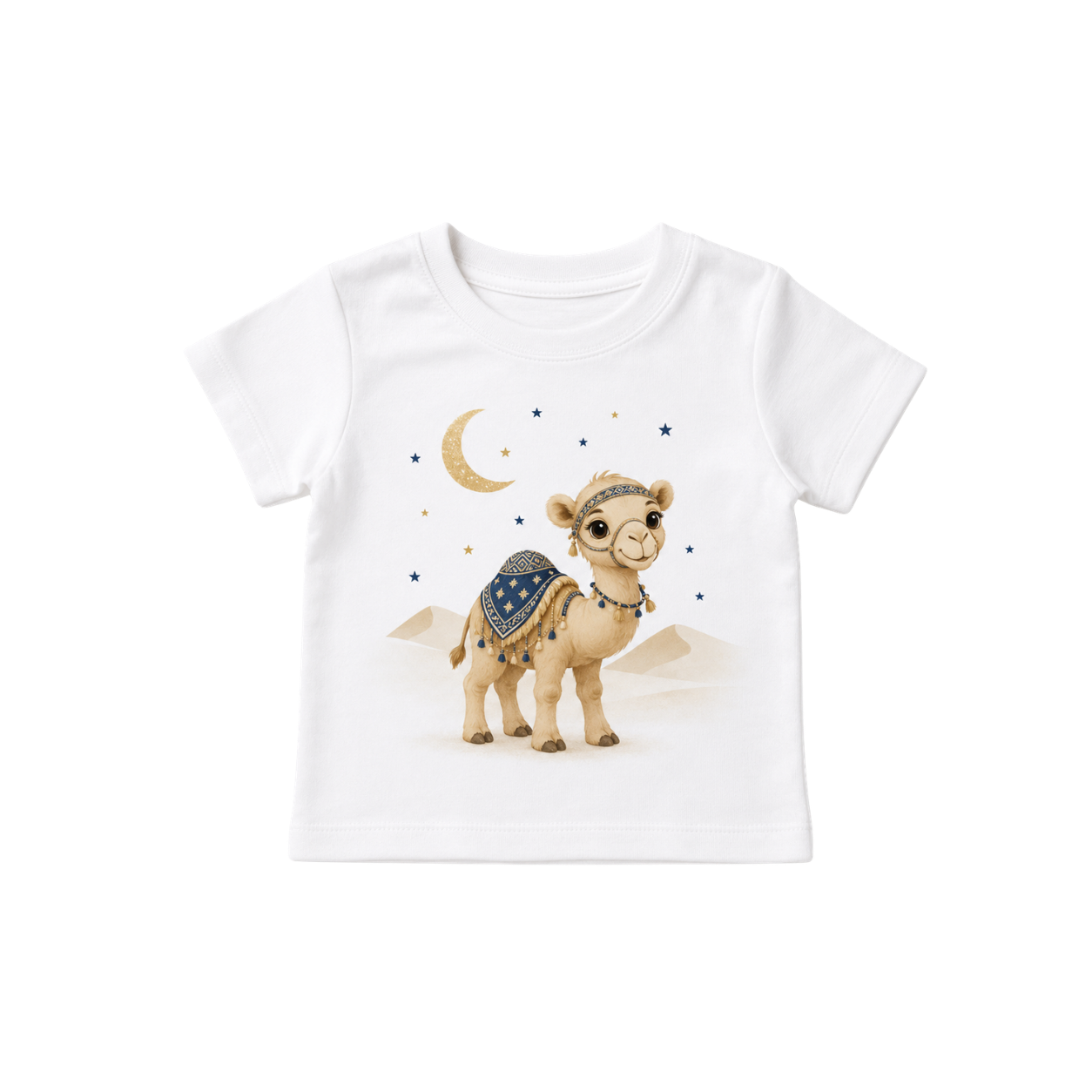 White baby T-shirt with camel, crescent moon and stars front view