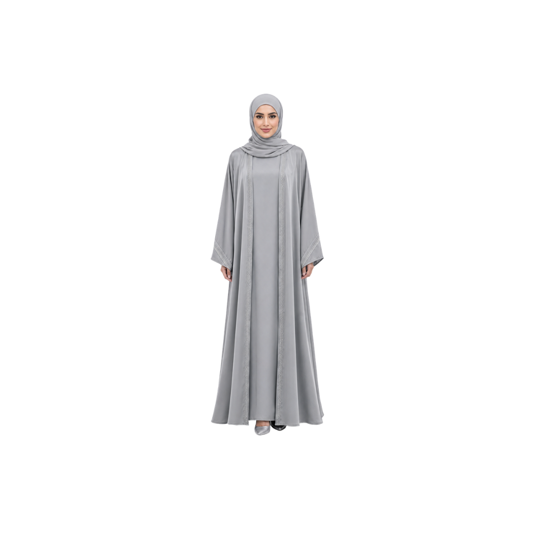 Silver Grace premium open abaya set in silver grey by M-Axis Brand