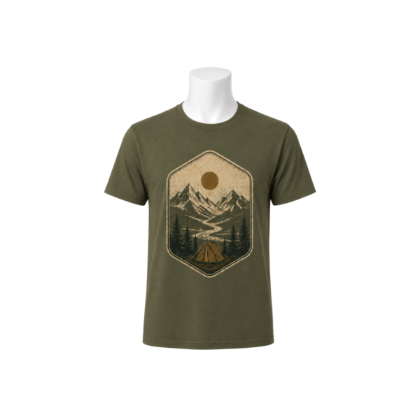 Mountain adventure camping olive T-shirt by Maxis Brand front view
