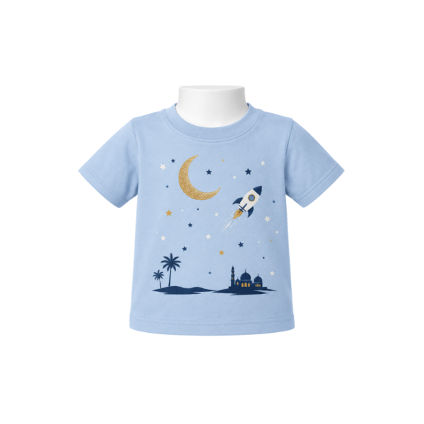 Sky-blue newborn baby T-shirt with rocket, crescent moon and mosque