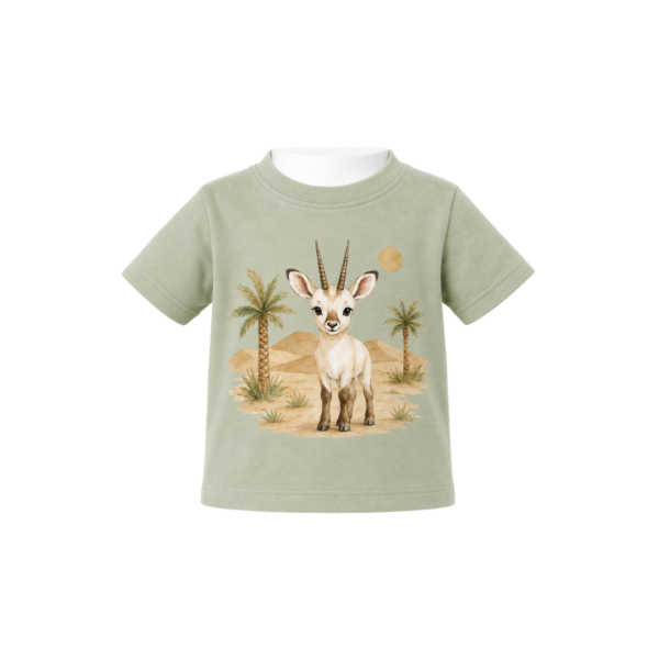 Sage-green newborn baby T-shirt with gazelle and desert print