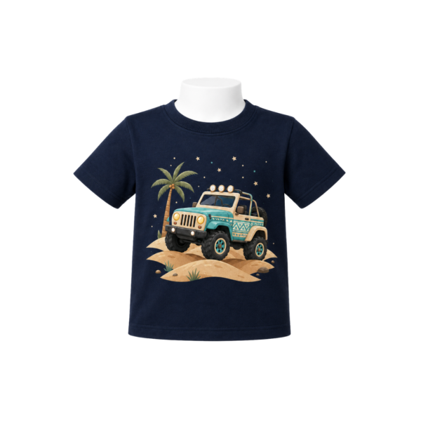 Navy newborn baby T-shirt with off-road jeep and desert print
