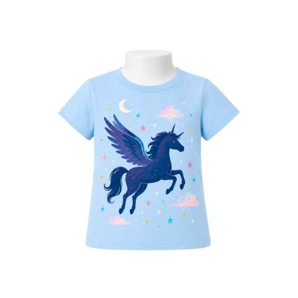 Sky-blue girls’ T-shirt with winged unicorn, moon and stars