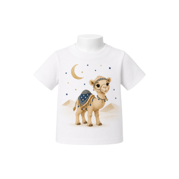 White baby T-shirt with camel, crescent moon and stars front view
