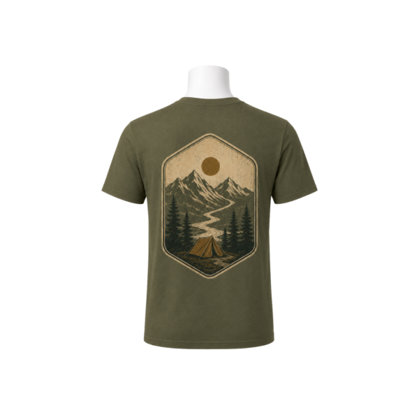 Mountain adventure camping olive T-shirt by Maxis Brand front view