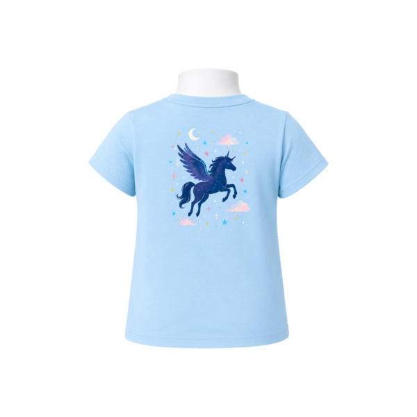 Sky-blue girls’ T-shirt with winged unicorn, moon and stars