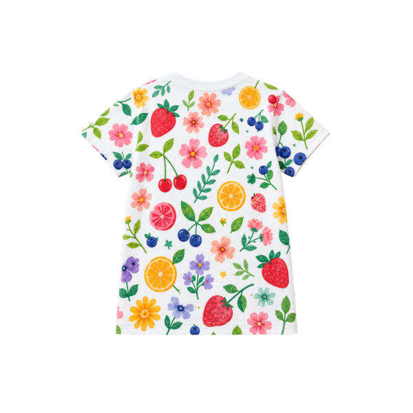 White girls’ T-shirt with colourful fruit, flowers and leaves
