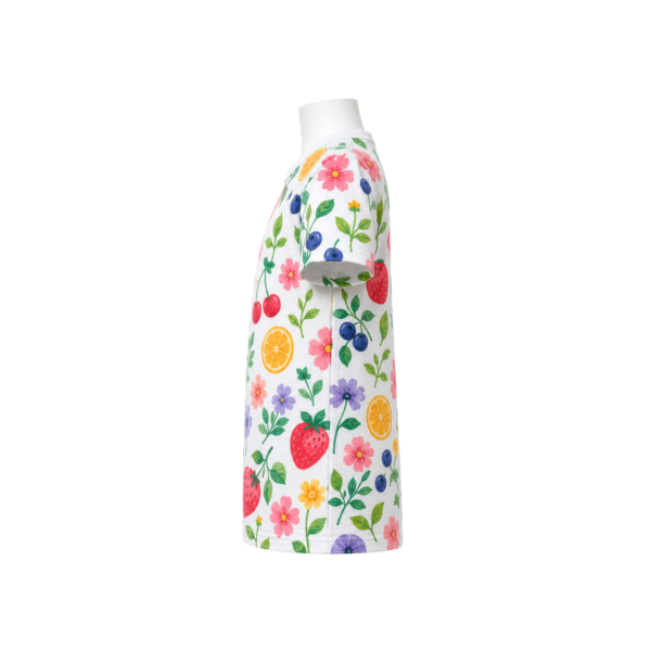 White girls’ T-shirt with colourful fruit, flowers and leaves