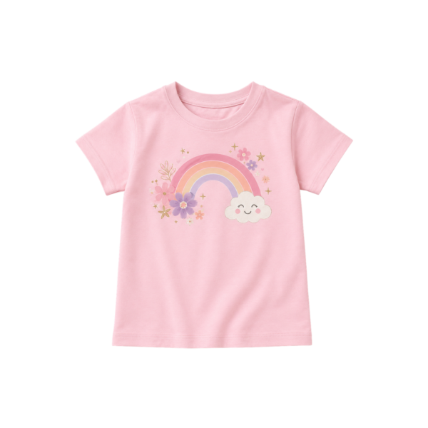 Pink girls’ T-shirt with pastel rainbow, smiling cloud and flowers