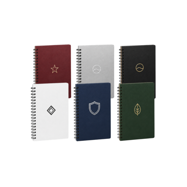 Custom logo spiral notebooks in black, burgundy, green, silver, navy and white