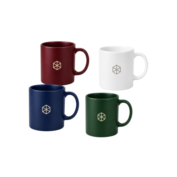 Custom logo ceramic mugs in burgundy, white, navy blue and dark green