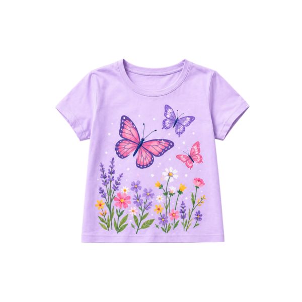 Lavender girls’ T-shirt with colourful butterflies and flowers