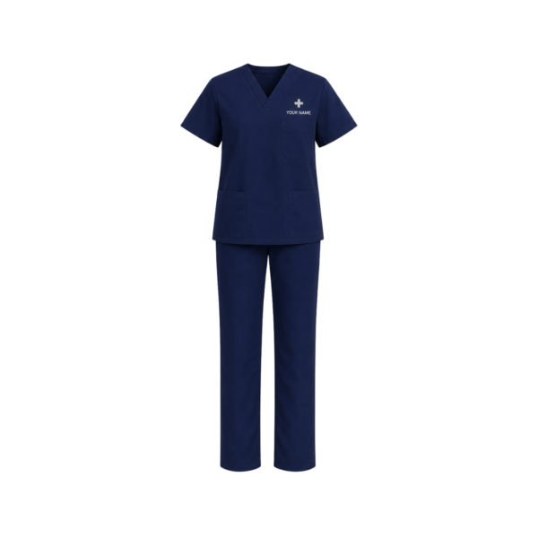 Custom navy blue medical scrub uniform with name and three front pockets
