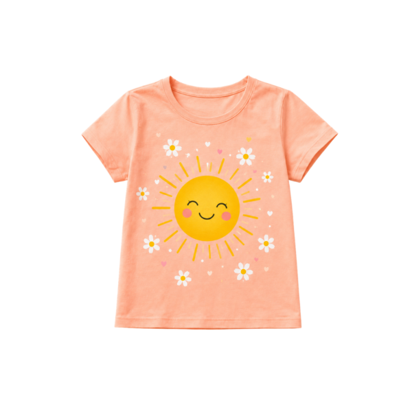 Peach girls’ T-shirt with smiling sun, daisies and hearts