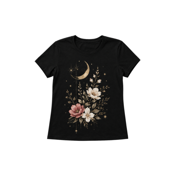 Floral crescent moon women’s T-shirt in black front view