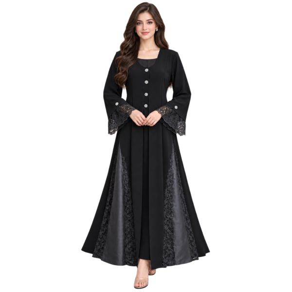 Maxis Brand premium black lace panel flared abaya for women