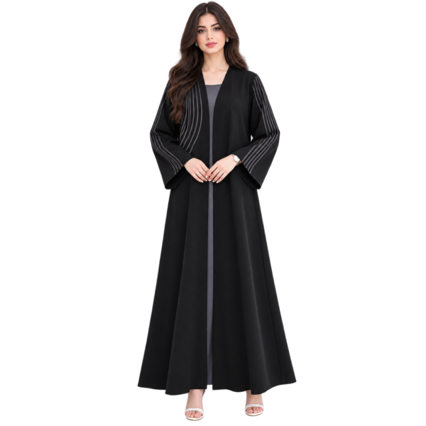 Maxis Brand black striped abaya for women with flowing flared design