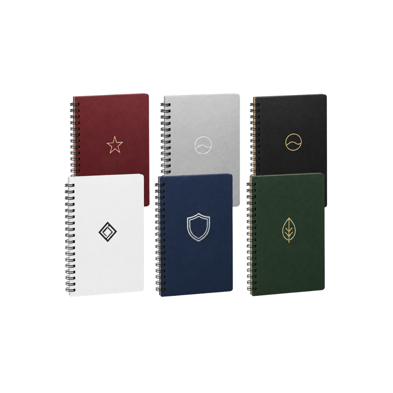Custom logo spiral notebooks in black, burgundy, green, silver, navy and white
