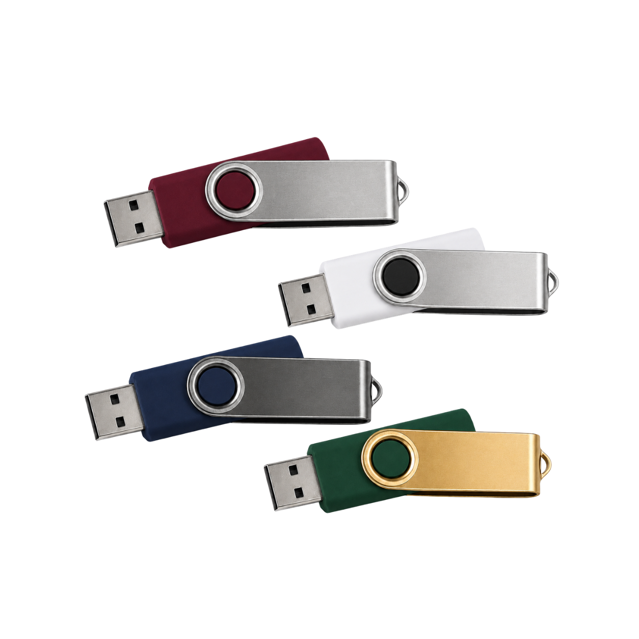 Custom logo USB flash drives in burgundy, white, navy blue and dark green