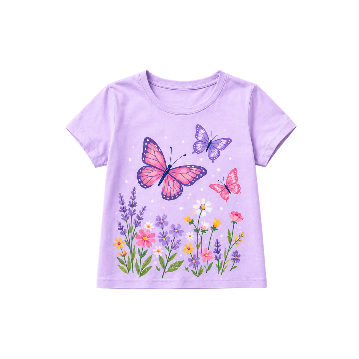 Lavender girls’ T-shirt with colourful butterflies and flowers