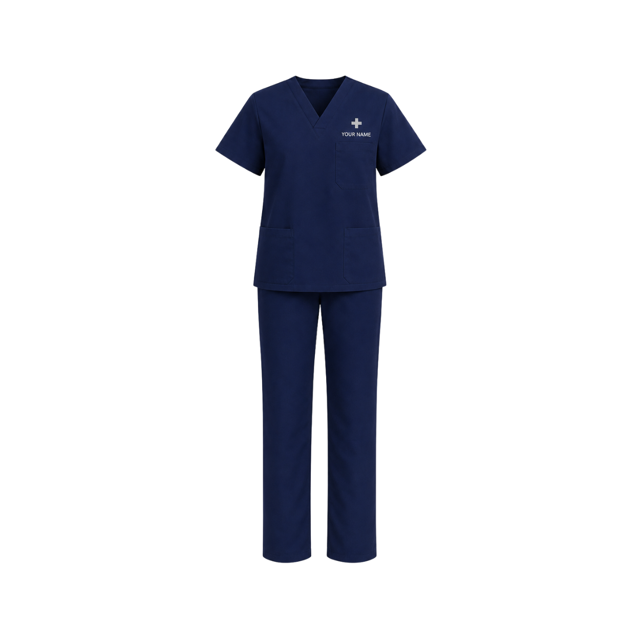 Custom navy blue medical scrub uniform with name and three front pockets