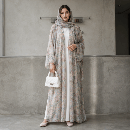 Women's floral printed open abaya with white inner dress