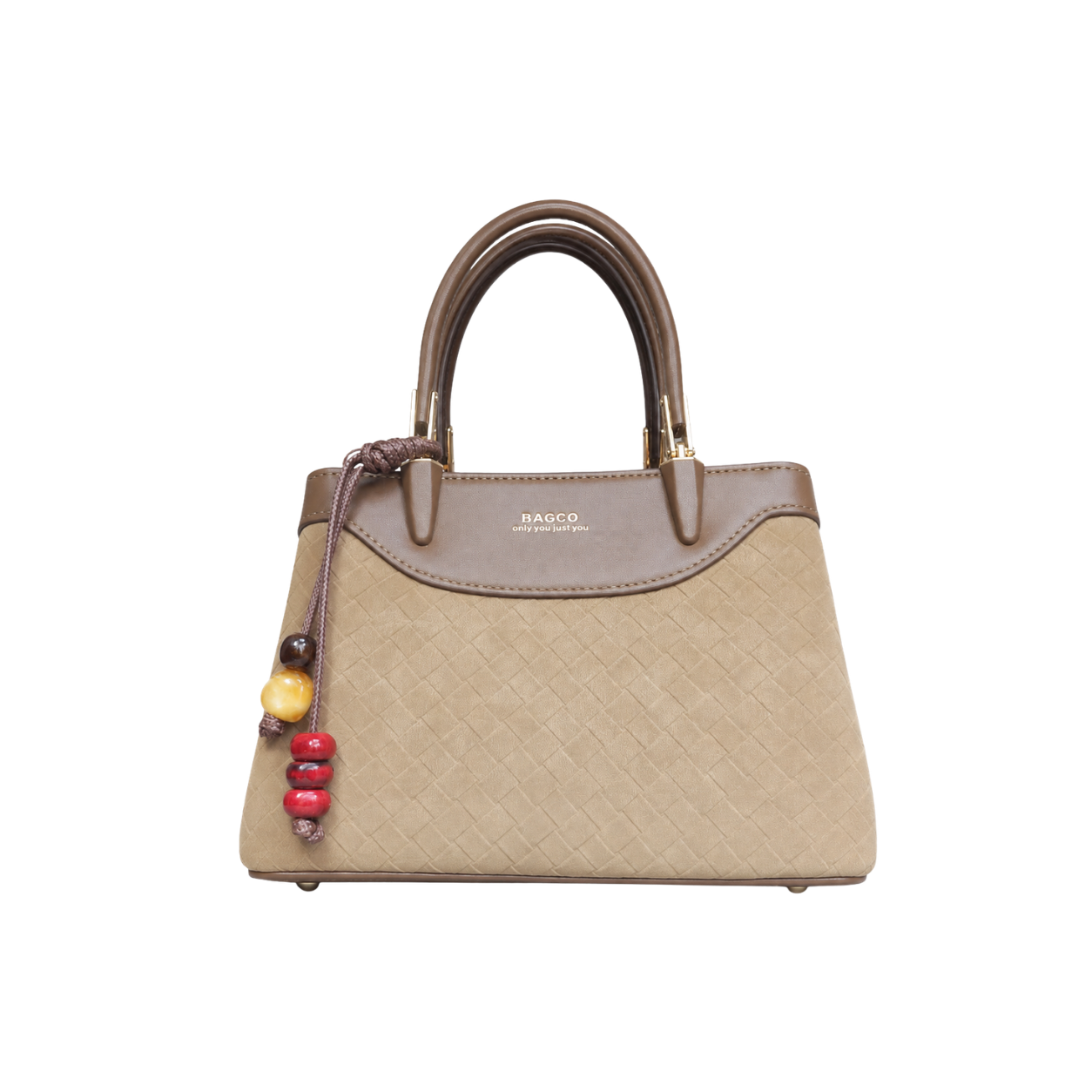 beige woven handbag for women by BAGCO front view