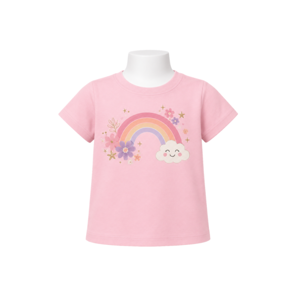 Pink girls’ T-shirt with pastel rainbow, smiling cloud and flowers