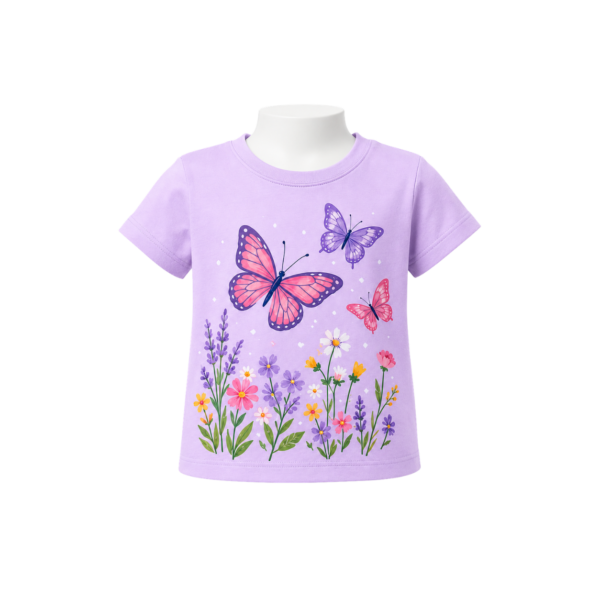 Lavender girls’ T-shirt with colourful butterflies and flowers