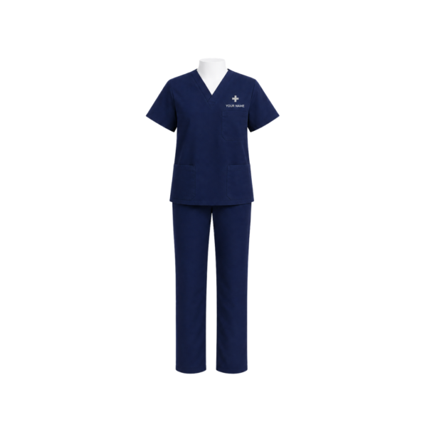 Custom navy blue medical scrub uniform with name and three front pockets