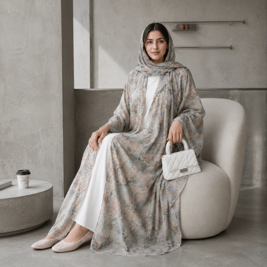 Women's floral printed open abaya with white inner dress