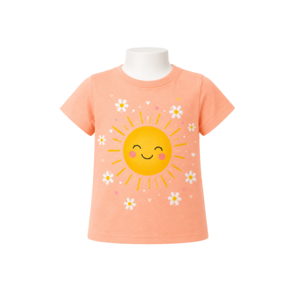 Peach girls’ T-shirt with smiling sun, daisies and hearts