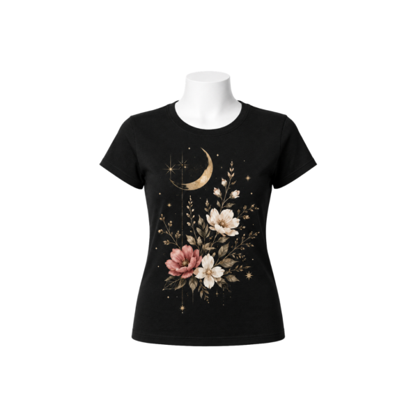 Floral crescent moon women’s T-shirt in black front view