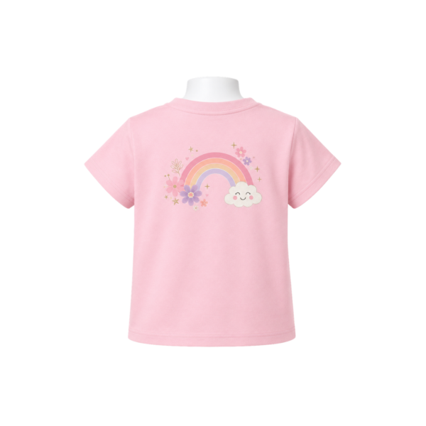 Pink girls’ T-shirt with pastel rainbow, smiling cloud and flowers